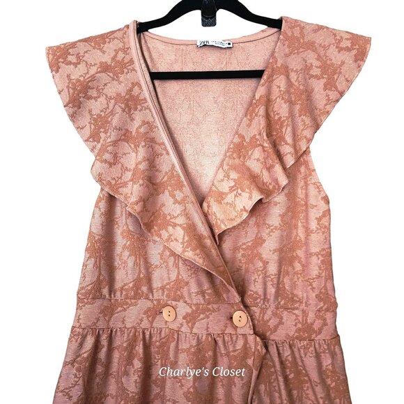 Zara Peach Floral Jacquard Ruffle Sleeve Whimsigoth Hi-Lo Maxi Dress Sz. M - Picture 8 of 12